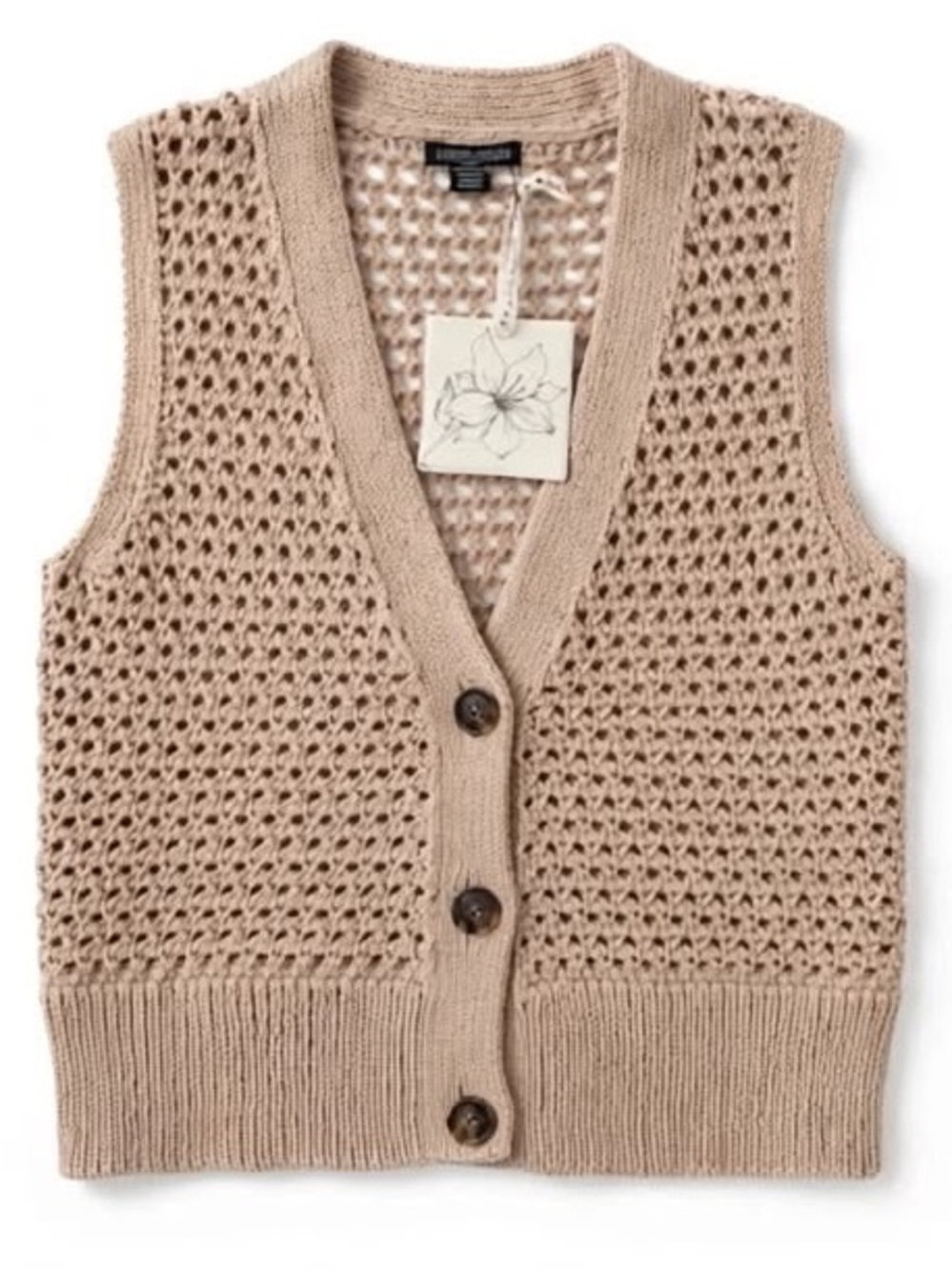 Open-Knit Button-Front Sweater Vest in Light Beige - Picture 2 of 7